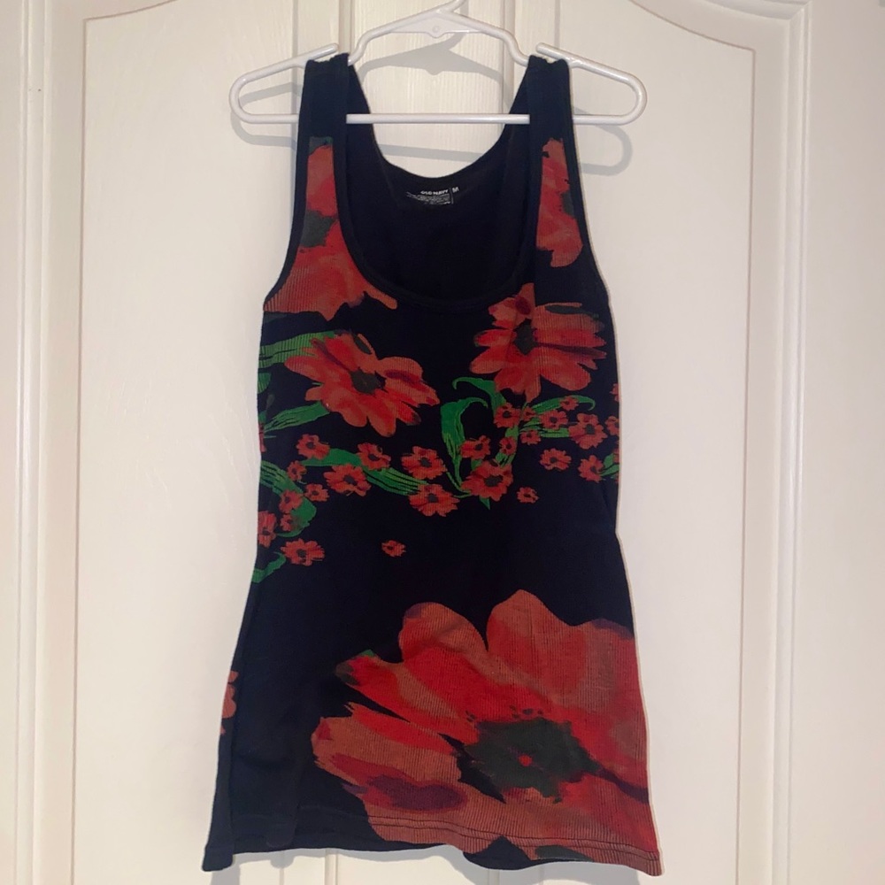 Black tank top with red flowers on the front